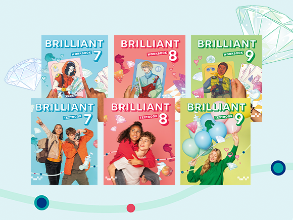 Omslag till textbook och workbook för Brilliant English åk 7, 8 och 9