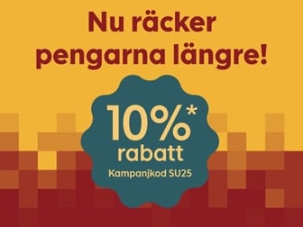 Röd och vit bild med texten "Nu räcker pengarna längre" och en splash med texten "10 procent rabatt"